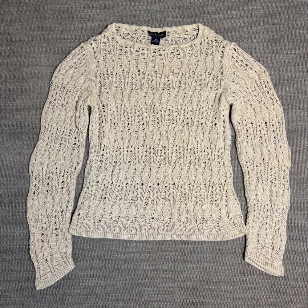 Ann Taylor Open Knit Crochet Linen Cotton Sweater XS Pullover Boho Fisherman‎